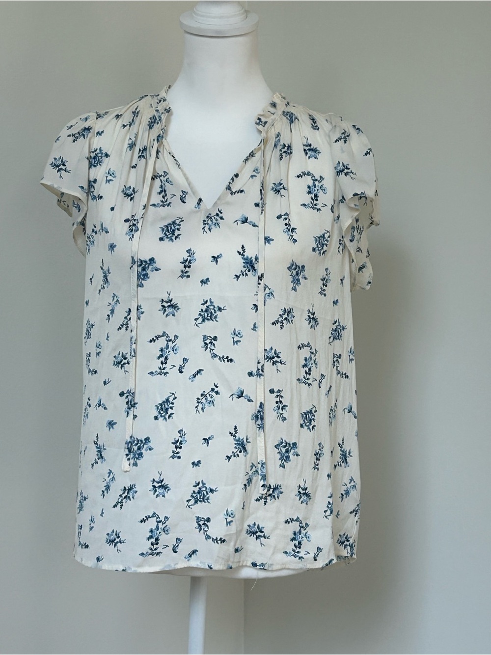 French Girl Toile Cream and Blue Floral Tie-Neck Blouse